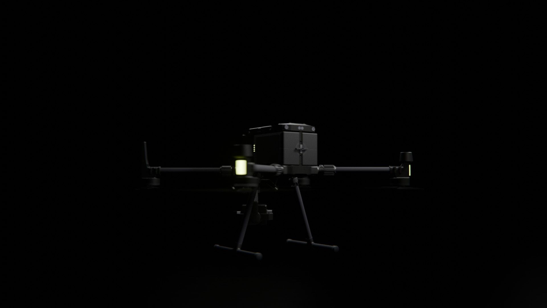 Bild 4 von vielen aus der 360-Grad-Ansicht einer professionellen DJI Enterprise Industrie-Drohne vor schwarzem Hintergrund mit violetter Beleuchtung.