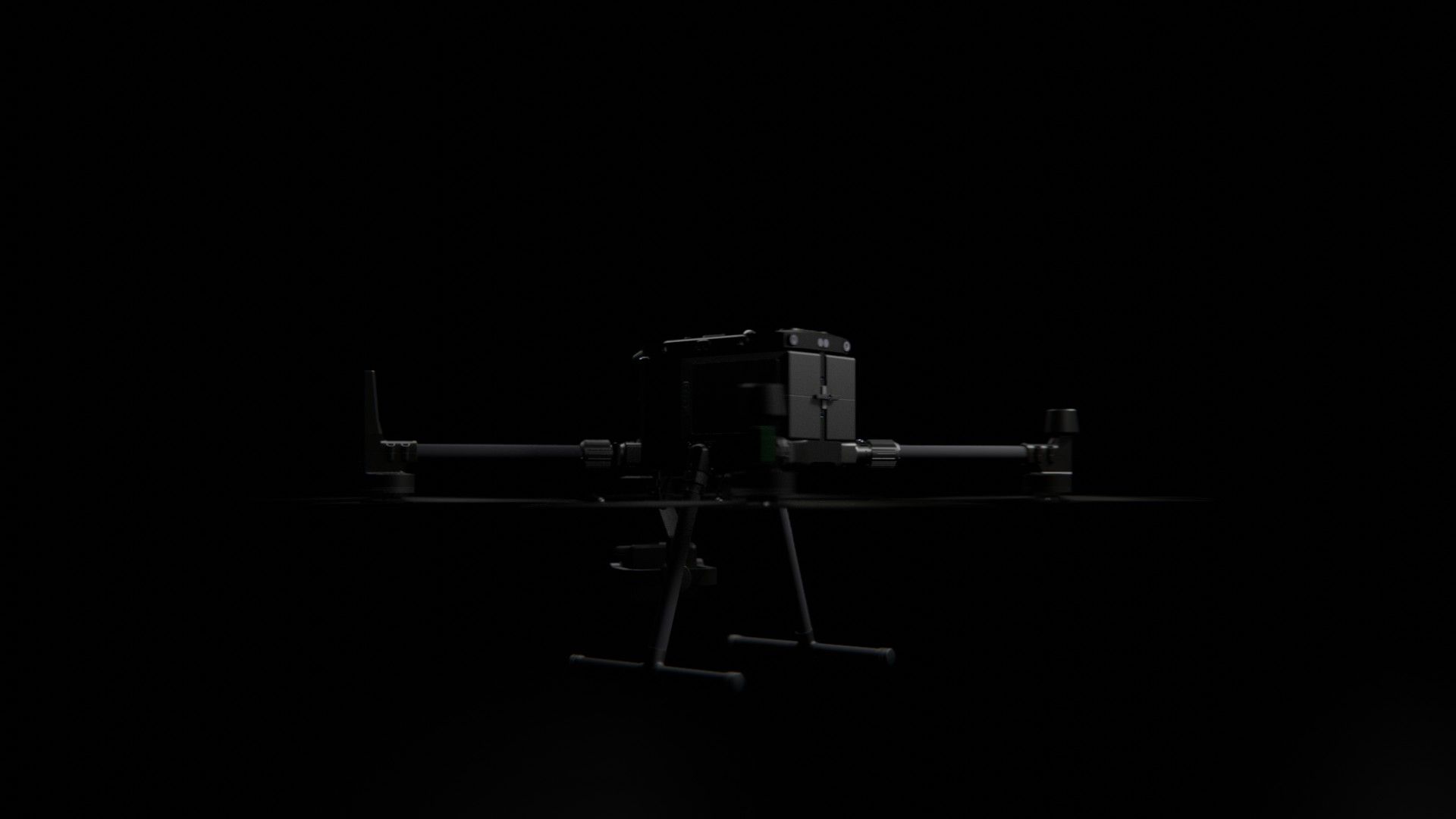 Bild 8 von vielen aus der 360-Grad-Ansicht einer professionellen DJI Enterprise Industrie-Drohne vor schwarzem Hintergrund mit violetter Beleuchtung.