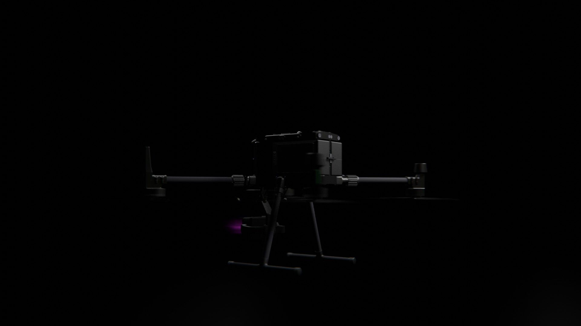 Bild 9 von vielen aus der 360-Grad-Ansicht einer professionellen DJI Enterprise Industrie-Drohne vor schwarzem Hintergrund mit violetter Beleuchtung.