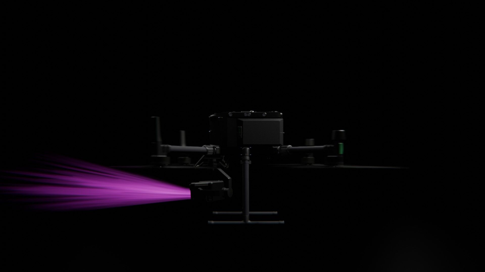 Bild 19 von vielen aus der 360-Grad-Ansicht einer professionellen DJI Enterprise Industrie-Drohne vor schwarzem Hintergrund mit violetter Beleuchtung.
