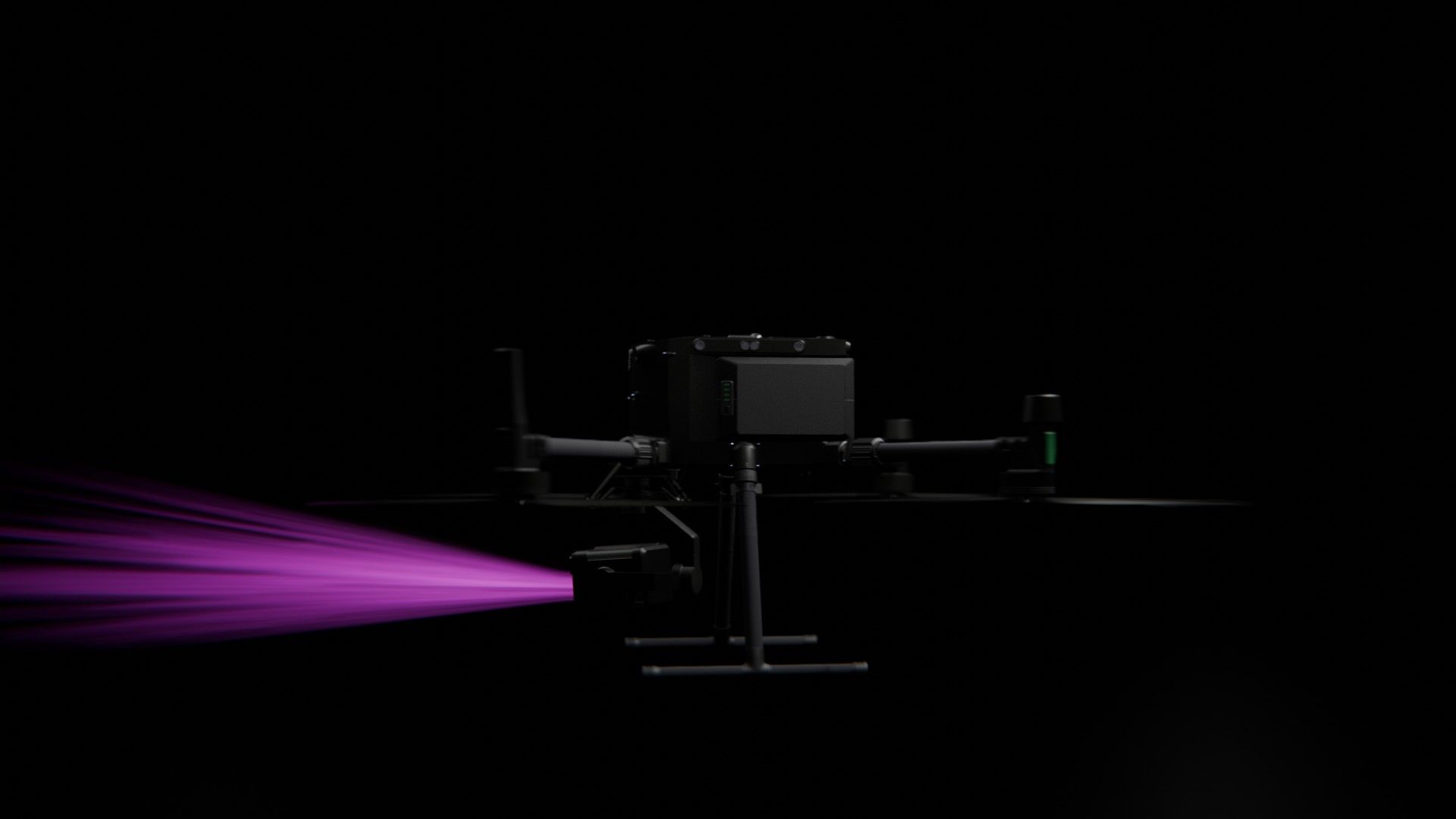 Bild 21 von vielen aus der 360-Grad-Ansicht einer professionellen DJI Enterprise Industrie-Drohne vor schwarzem Hintergrund mit violetter Beleuchtung.