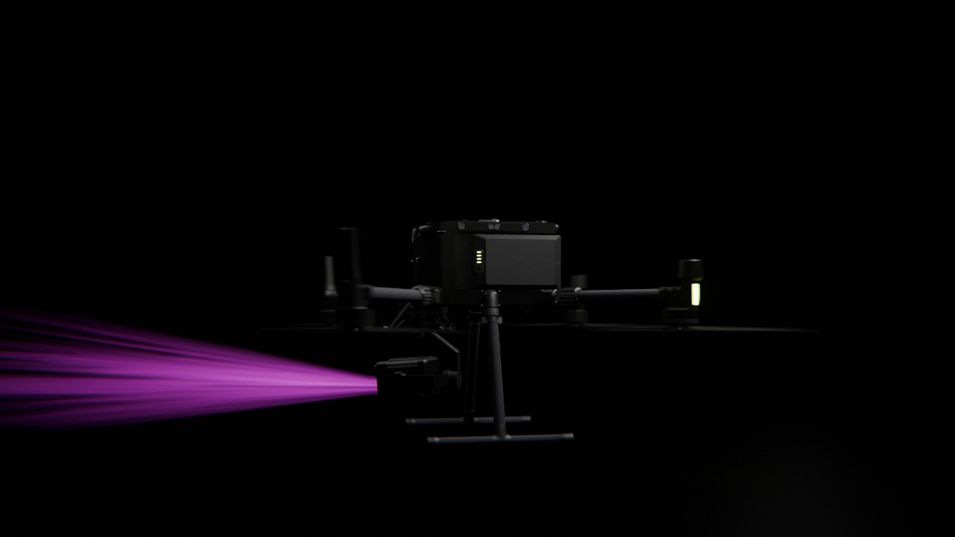 Bild 22 von vielen aus der 360-Grad-Ansicht einer professionellen DJI Enterprise Industrie-Drohne vor schwarzem Hintergrund mit violetter Beleuchtung.
