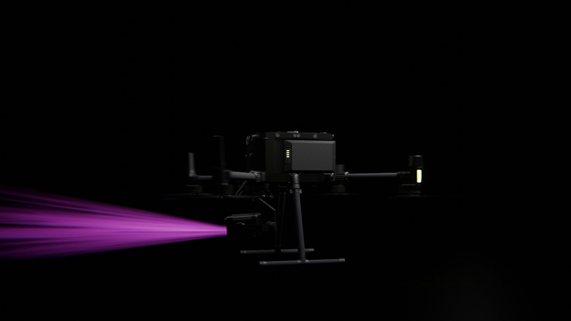 Bild 23 von vielen aus der 360-Grad-Ansicht einer professionellen DJI Enterprise Industrie-Drohne vor schwarzem Hintergrund mit violetter Beleuchtung.