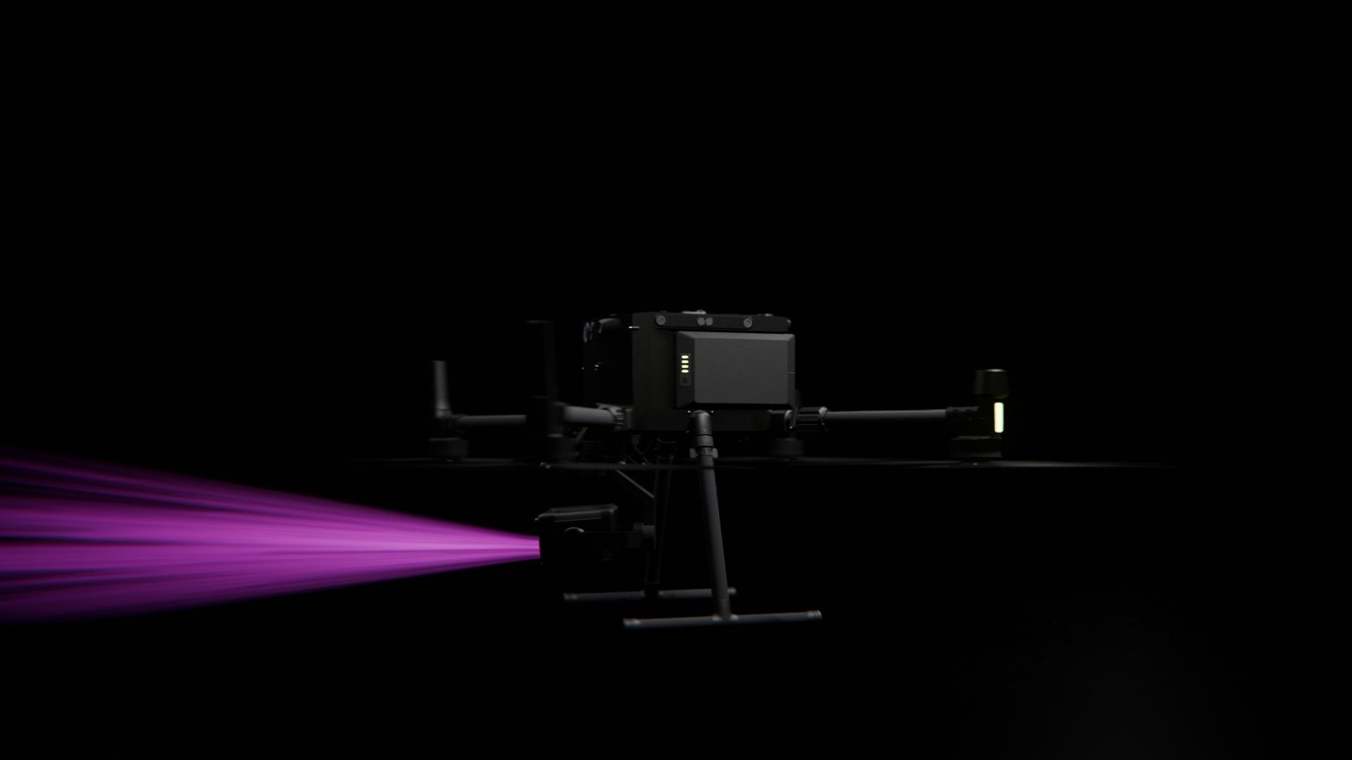 Bild 24 von vielen aus der 360-Grad-Ansicht einer professionellen DJI Enterprise Industrie-Drohne vor schwarzem Hintergrund mit violetter Beleuchtung.