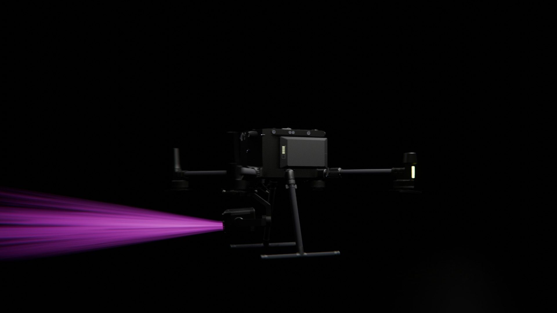 Bild 25 von vielen aus der 360-Grad-Ansicht einer professionellen DJI Enterprise Industrie-Drohne vor schwarzem Hintergrund mit violetter Beleuchtung.