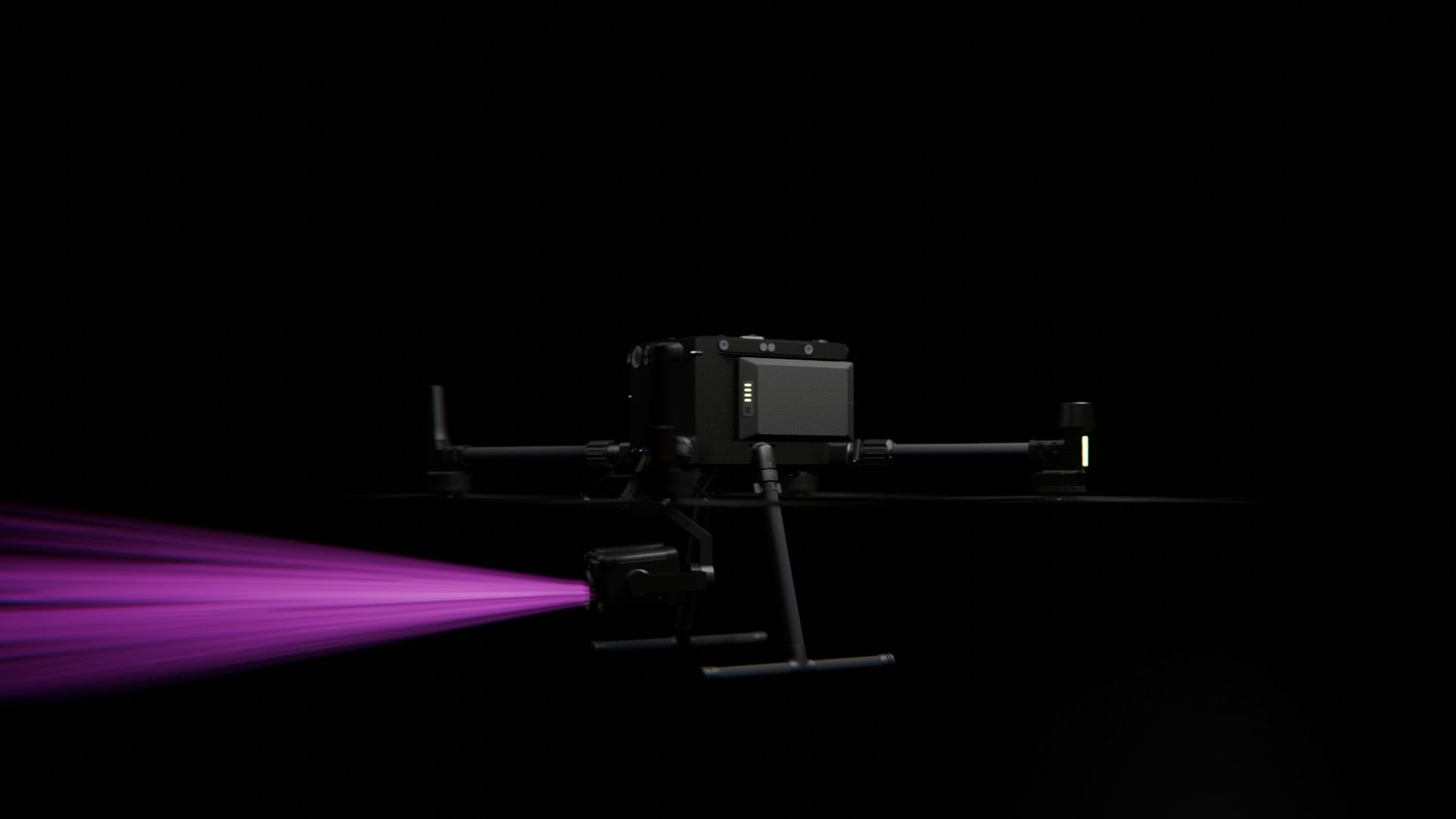 Bild 27 von vielen aus der 360-Grad-Ansicht einer professionellen DJI Enterprise Industrie-Drohne vor schwarzem Hintergrund mit violetter Beleuchtung.