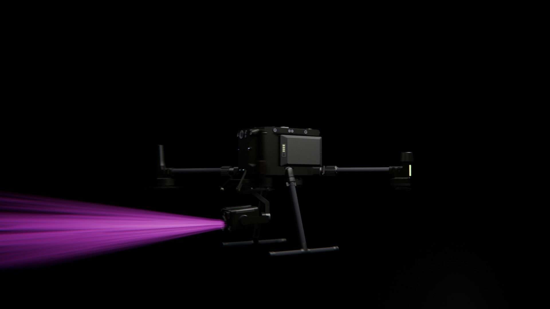 Bild 28 von vielen aus der 360-Grad-Ansicht einer professionellen DJI Enterprise Industrie-Drohne vor schwarzem Hintergrund mit violetter Beleuchtung.
