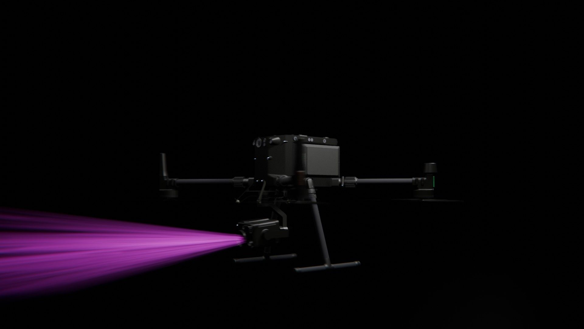 Bild 30 von vielen aus der 360-Grad-Ansicht einer professionellen DJI Enterprise Industrie-Drohne vor schwarzem Hintergrund mit violetter Beleuchtung.