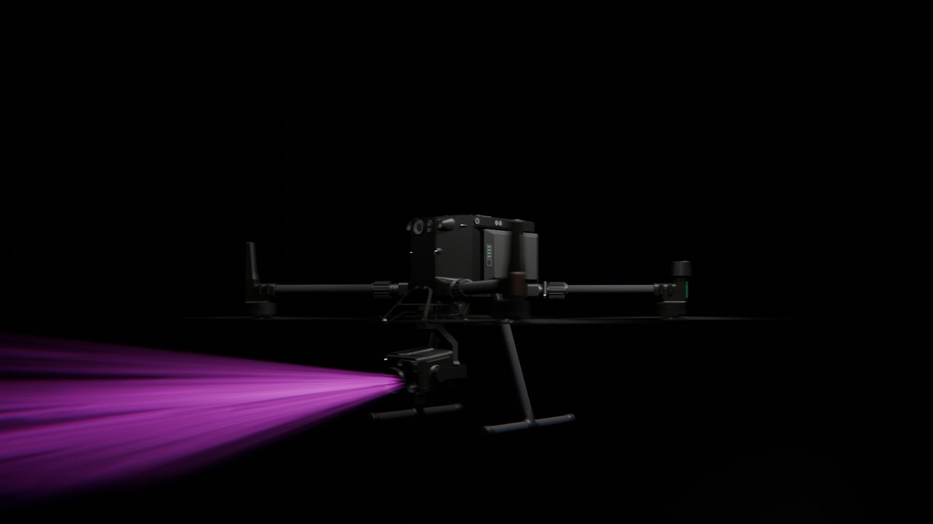 Bild 32 von vielen aus der 360-Grad-Ansicht einer professionellen DJI Enterprise Industrie-Drohne vor schwarzem Hintergrund mit violetter Beleuchtung.