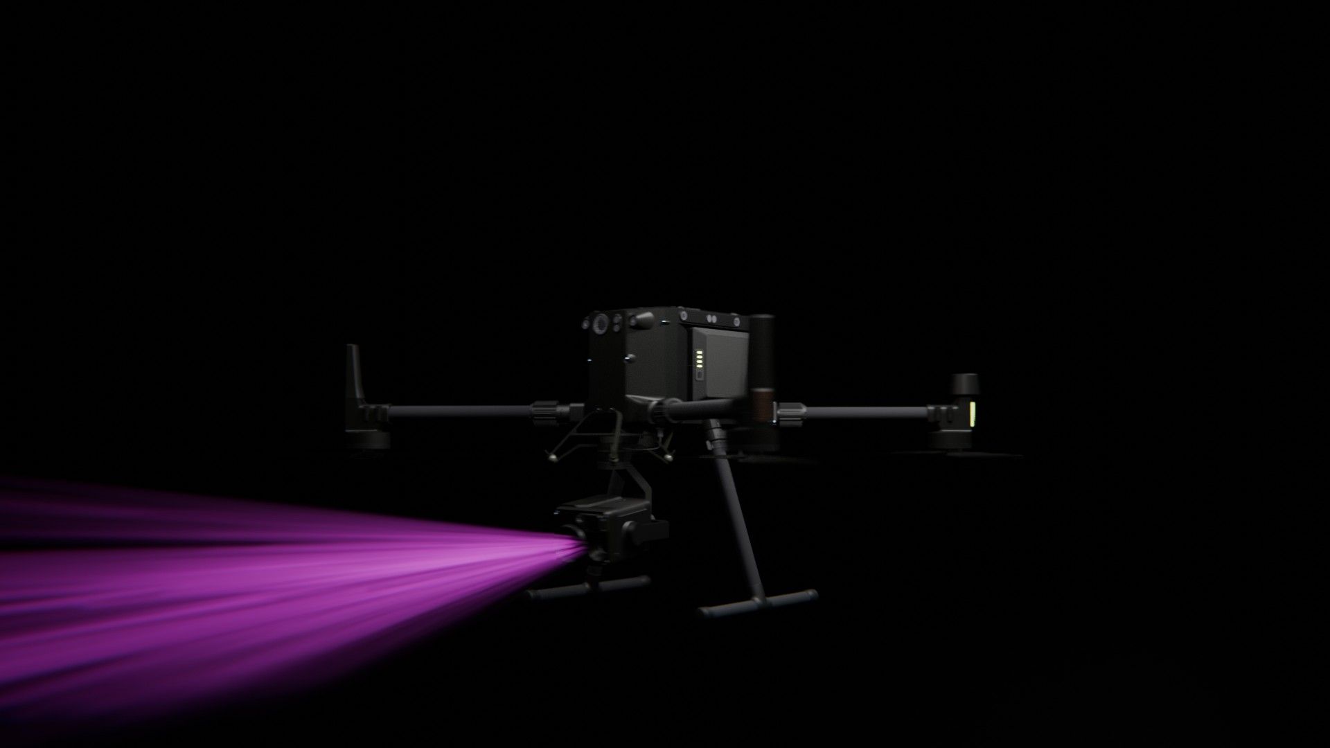 Bild 33 von vielen aus der 360-Grad-Ansicht einer professionellen DJI Enterprise Industrie-Drohne vor schwarzem Hintergrund mit violetter Beleuchtung.