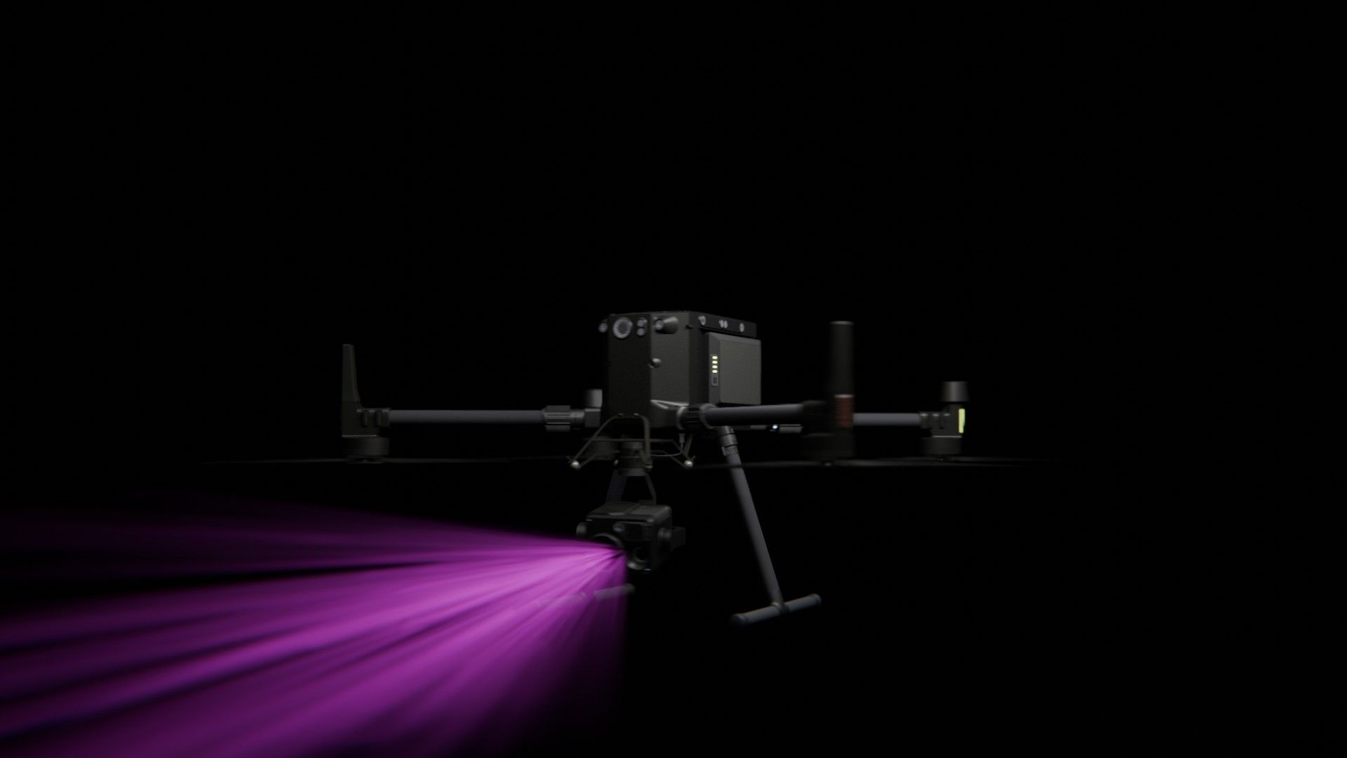 Bild 36 von vielen aus der 360-Grad-Ansicht einer professionellen DJI Enterprise Industrie-Drohne vor schwarzem Hintergrund mit violetter Beleuchtung.