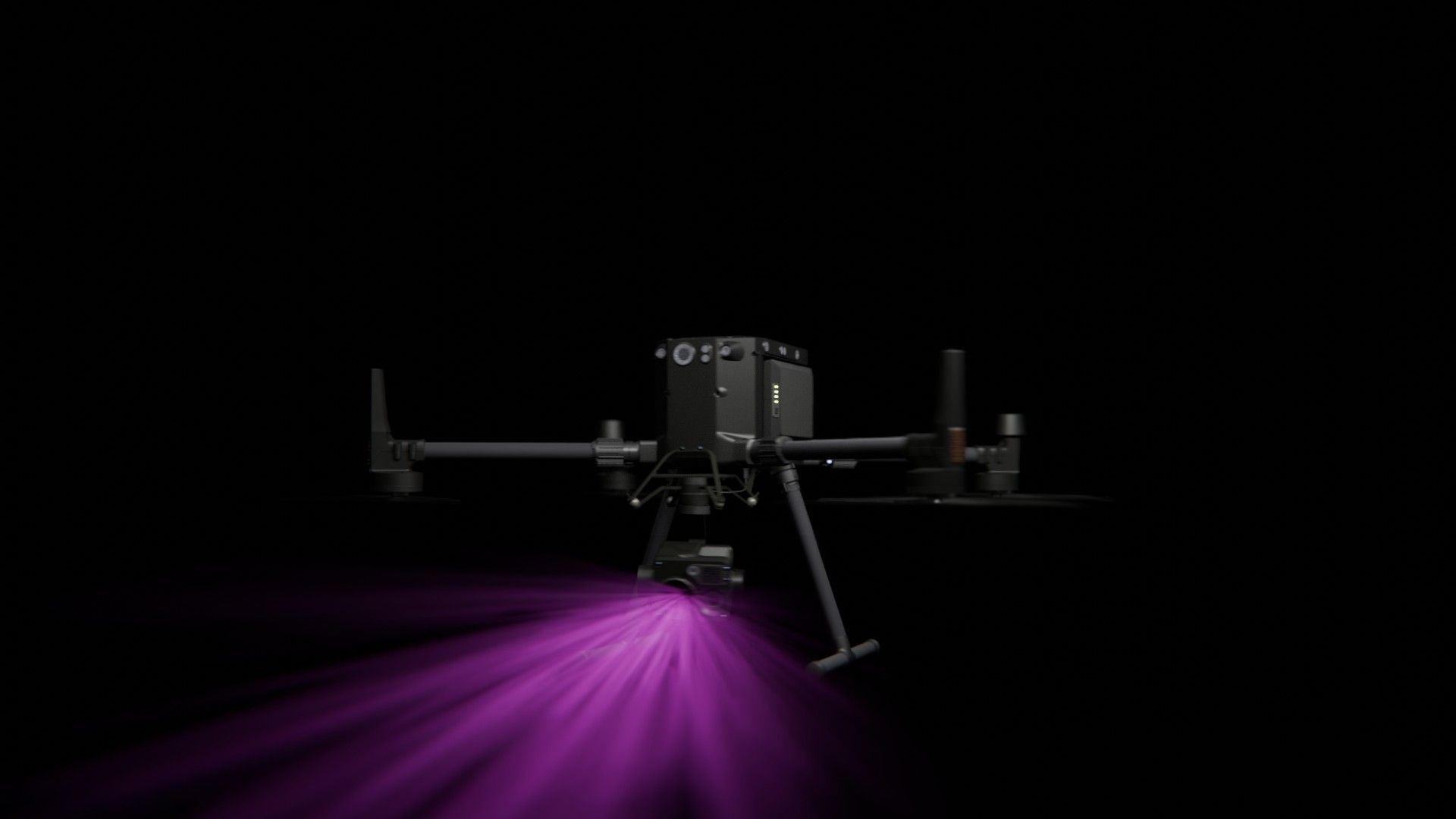 Bild 38 von vielen aus der 360-Grad-Ansicht einer professionellen DJI Enterprise Industrie-Drohne vor schwarzem Hintergrund mit violetter Beleuchtung.