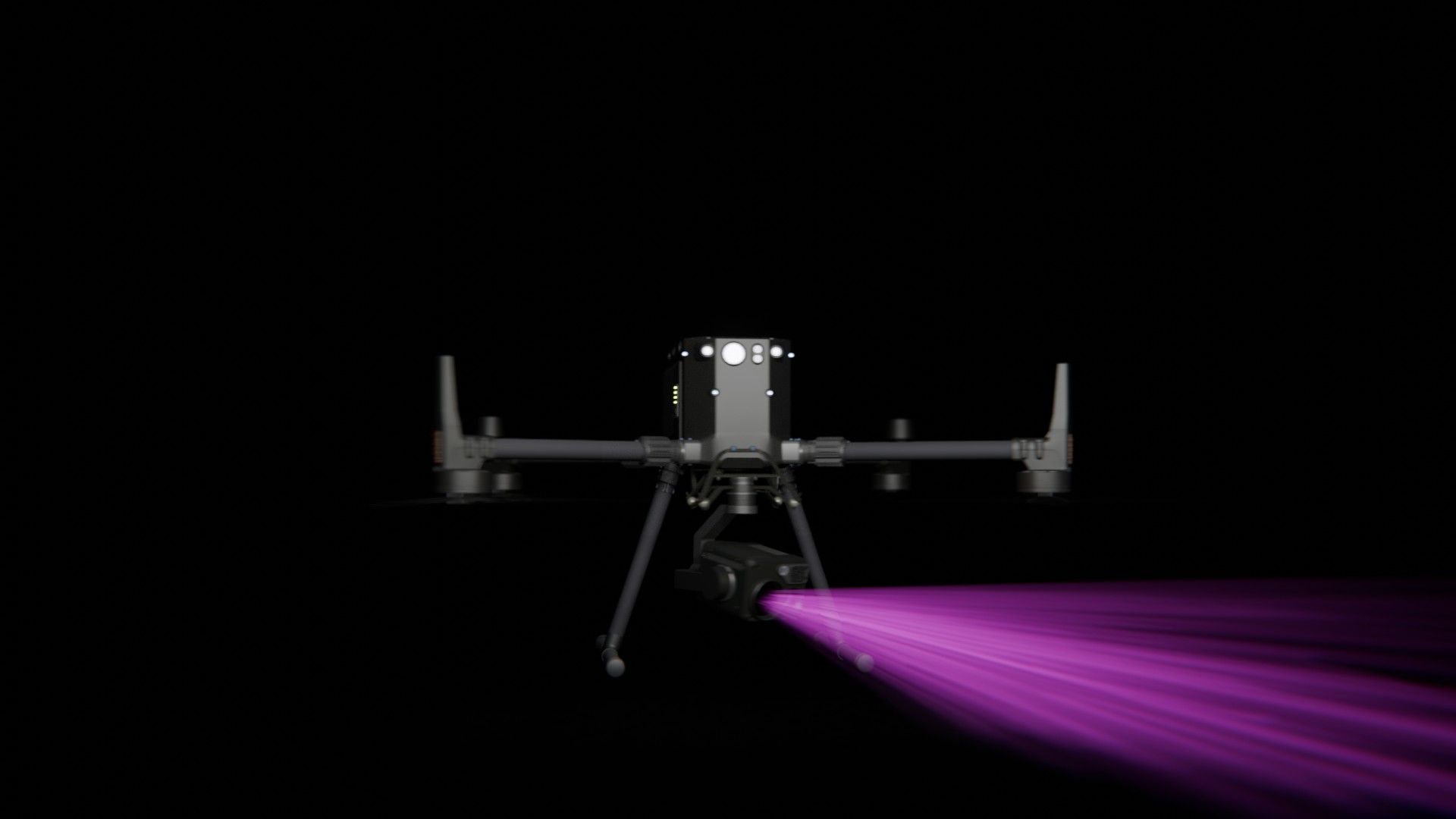 Bild 46 von vielen aus der 360-Grad-Ansicht einer professionellen DJI Enterprise Industrie-Drohne vor schwarzem Hintergrund mit violetter Beleuchtung.
