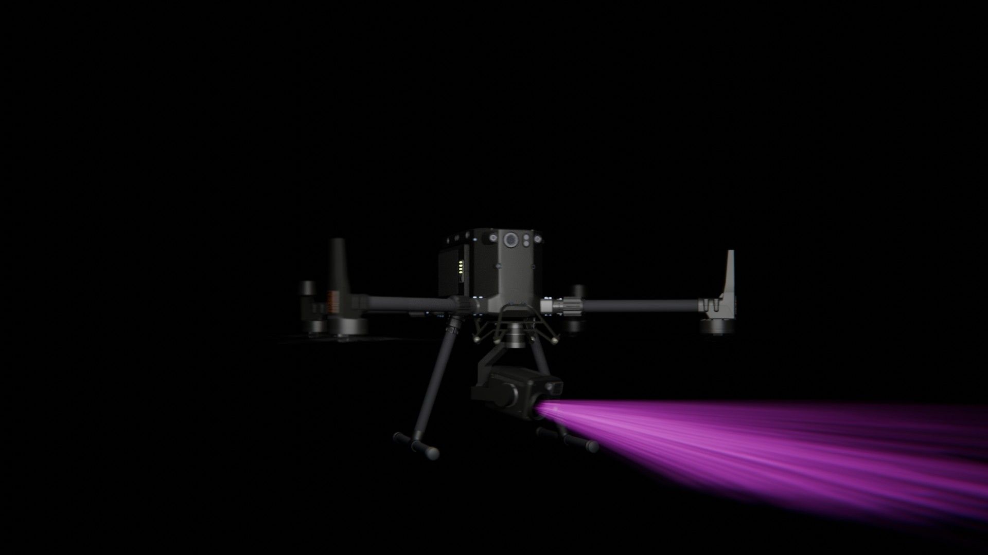 Bild 49 von vielen aus der 360-Grad-Ansicht einer professionellen DJI Enterprise Industrie-Drohne vor schwarzem Hintergrund mit violetter Beleuchtung.