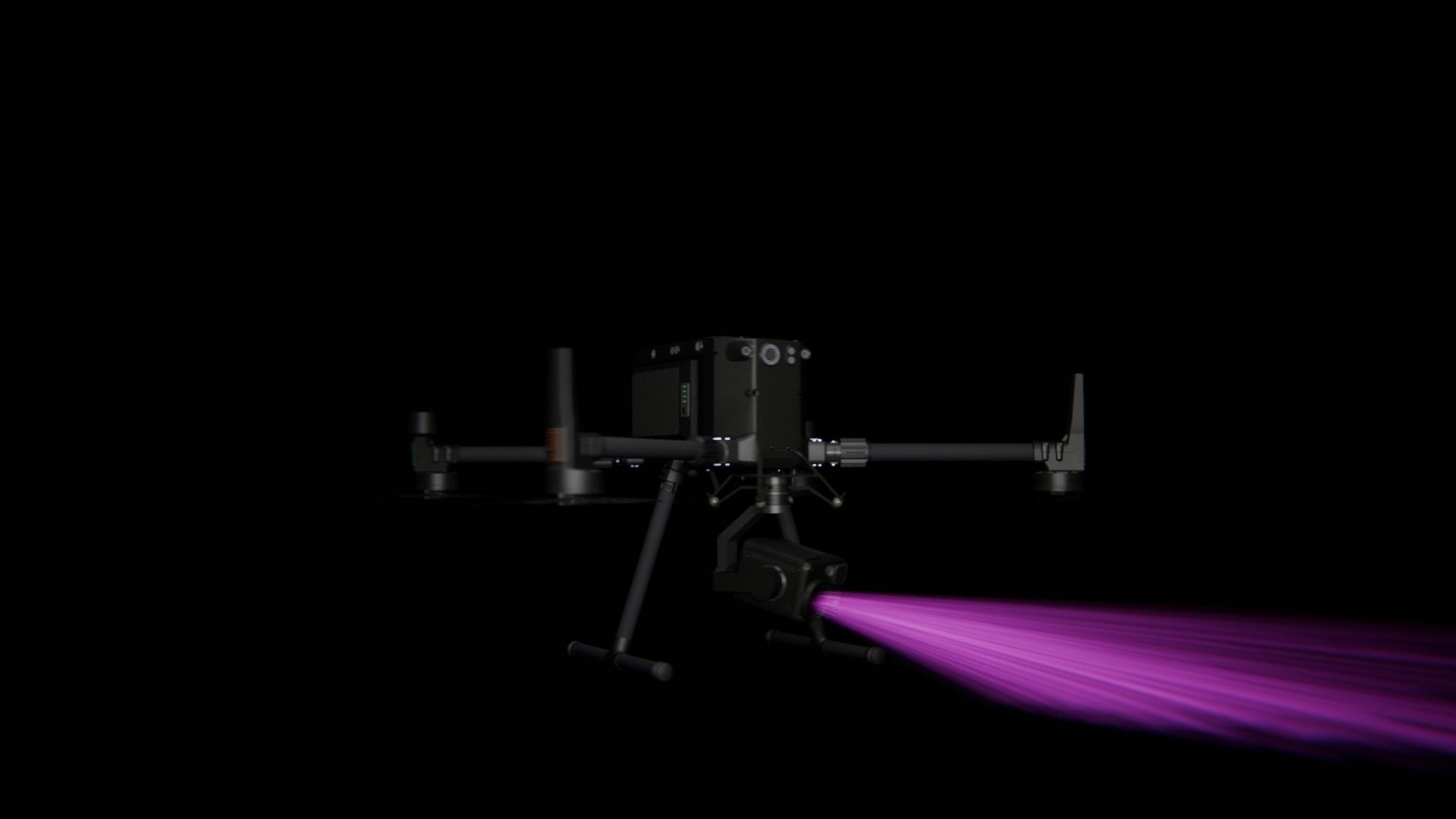 Bild 52 von vielen aus der 360-Grad-Ansicht einer professionellen DJI Enterprise Industrie-Drohne vor schwarzem Hintergrund mit violetter Beleuchtung.
