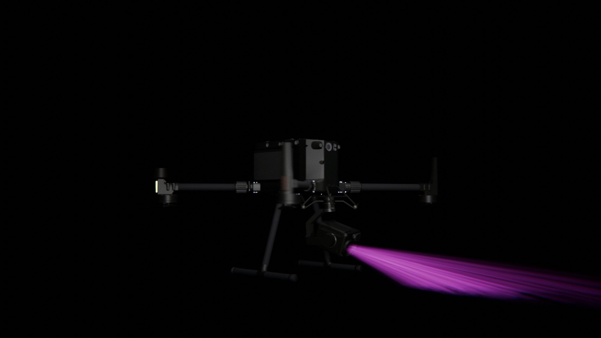 Bild 57 von vielen aus der 360-Grad-Ansicht einer professionellen DJI Enterprise Industrie-Drohne vor schwarzem Hintergrund mit violetter Beleuchtung.