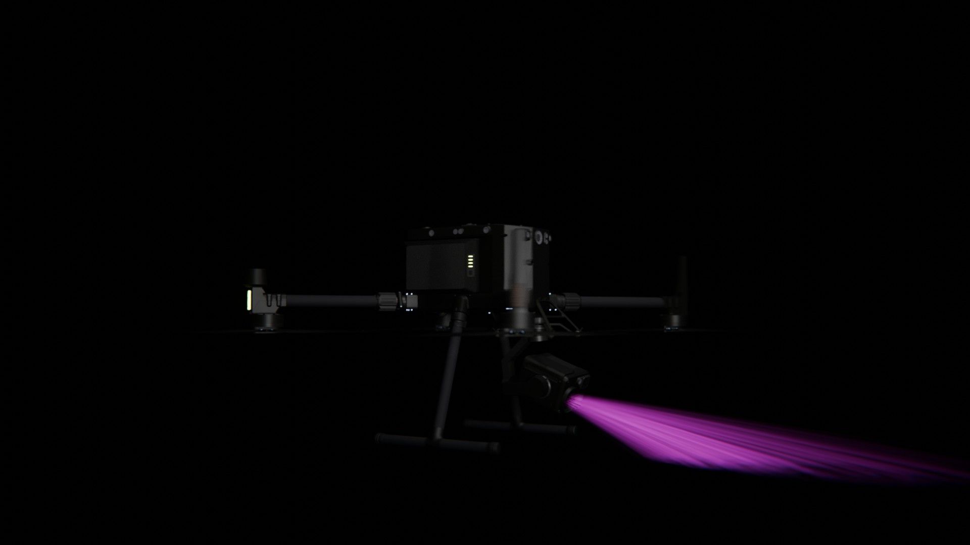Bild 60 von vielen aus der 360-Grad-Ansicht einer professionellen DJI Enterprise Industrie-Drohne vor schwarzem Hintergrund mit violetter Beleuchtung.