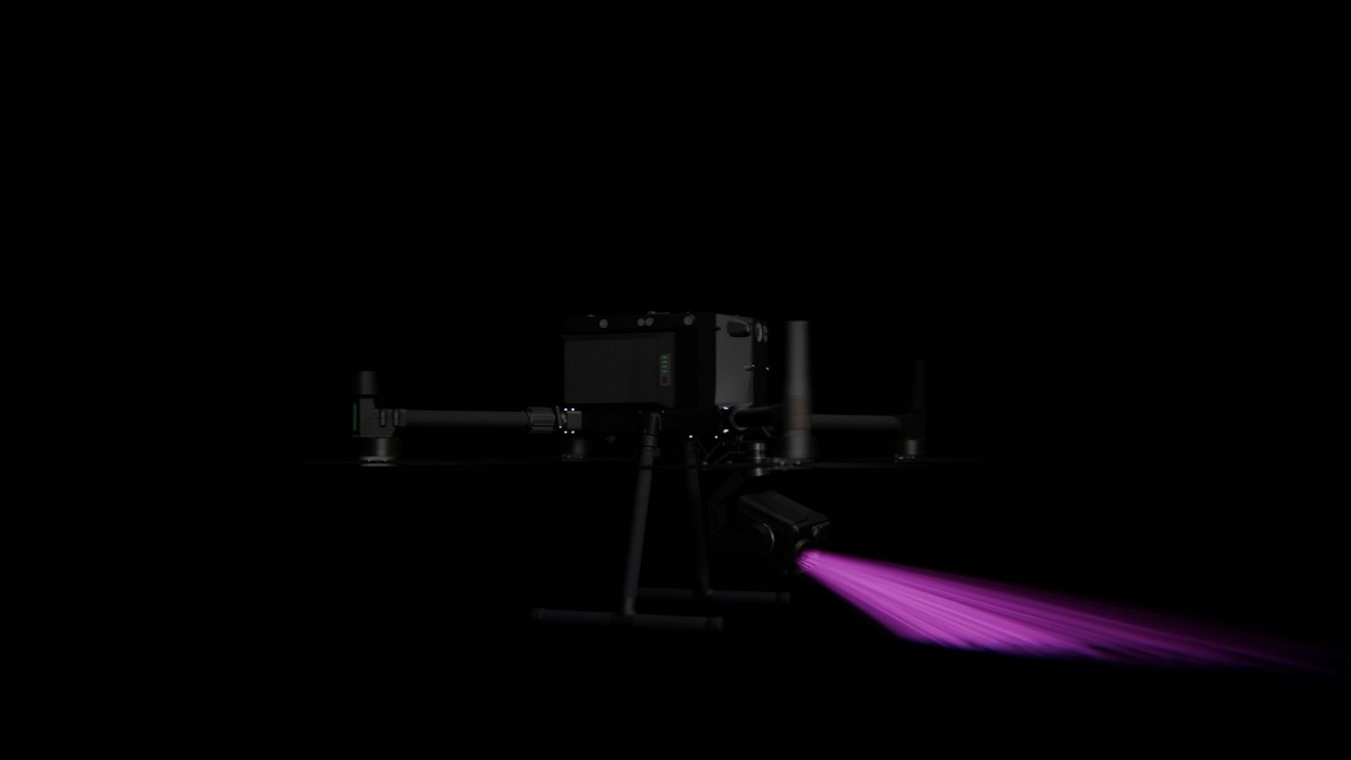 Bild 63 von vielen aus der 360-Grad-Ansicht einer professionellen DJI Enterprise Industrie-Drohne vor schwarzem Hintergrund mit violetter Beleuchtung.