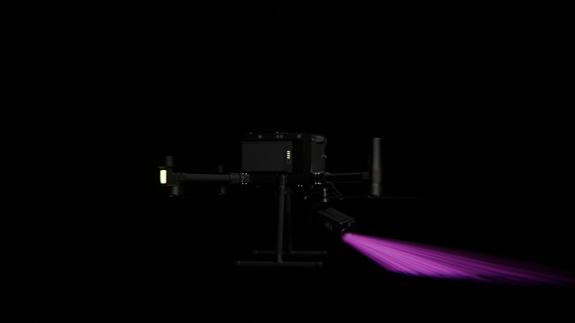 Bild 67 von vielen aus der 360-Grad-Ansicht einer professionellen DJI Enterprise Industrie-Drohne vor schwarzem Hintergrund mit violetter Beleuchtung.