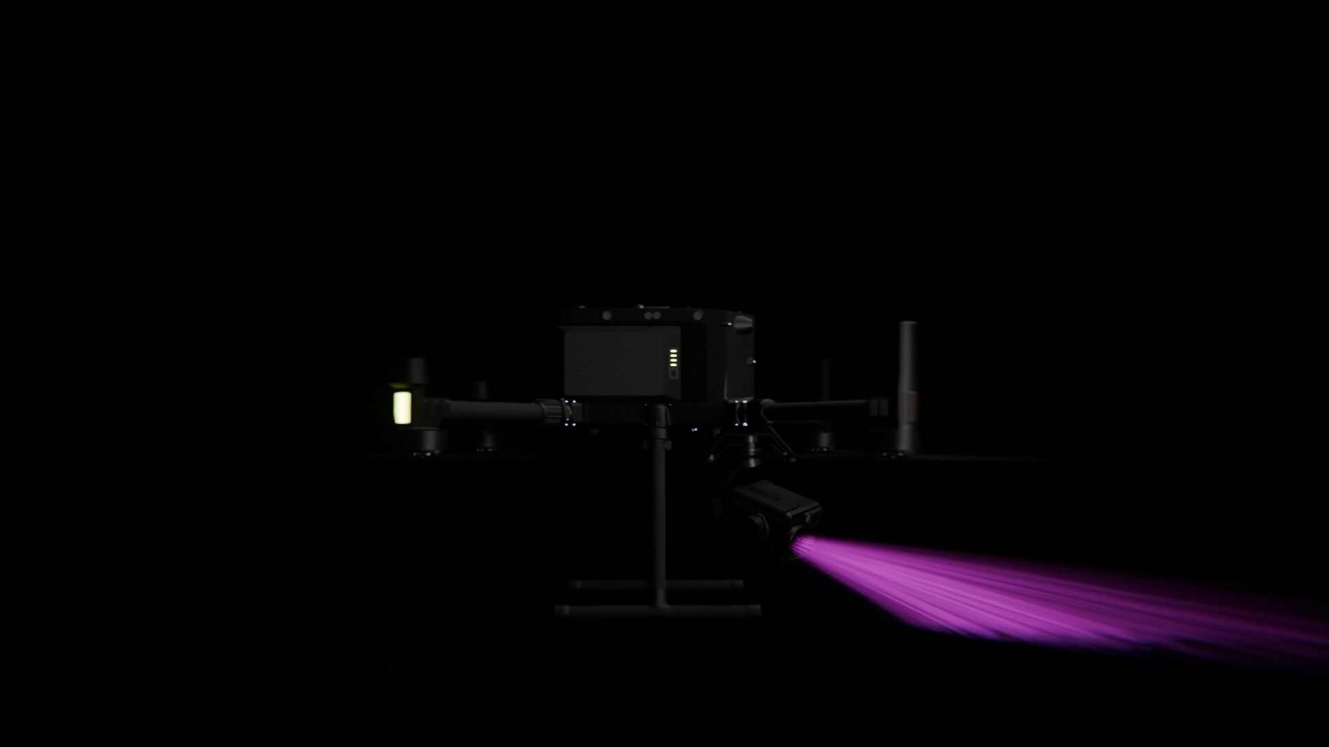 Bild 69 von vielen aus der 360-Grad-Ansicht einer professionellen DJI Enterprise Industrie-Drohne vor schwarzem Hintergrund mit violetter Beleuchtung.