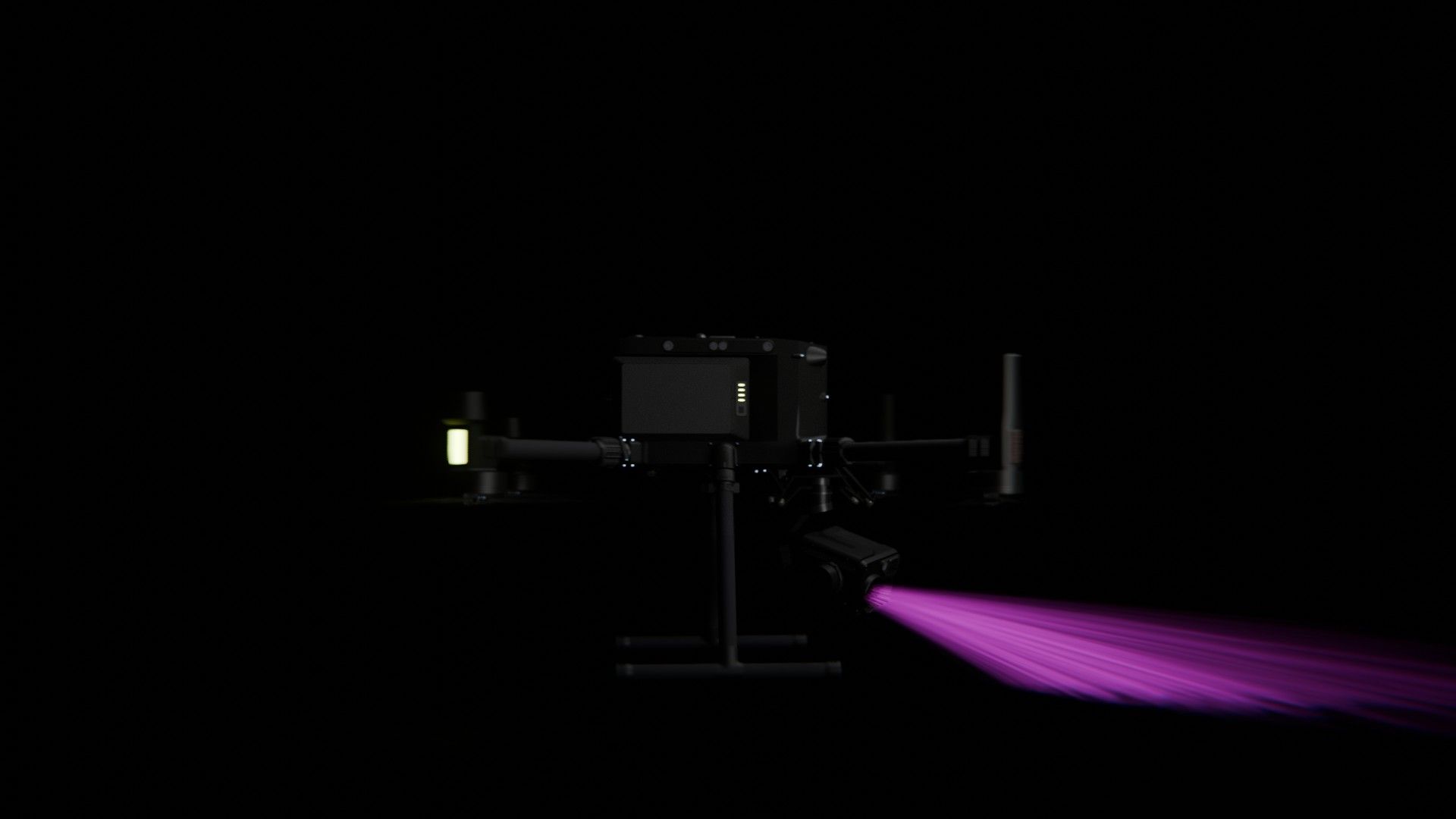 Bild 70 von vielen aus der 360-Grad-Ansicht einer professionellen DJI Enterprise Industrie-Drohne vor schwarzem Hintergrund mit violetter Beleuchtung.