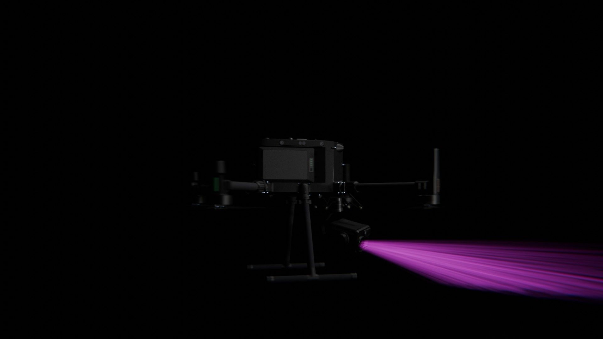 Bild 73 von vielen aus der 360-Grad-Ansicht einer professionellen DJI Enterprise Industrie-Drohne vor schwarzem Hintergrund mit violetter Beleuchtung.