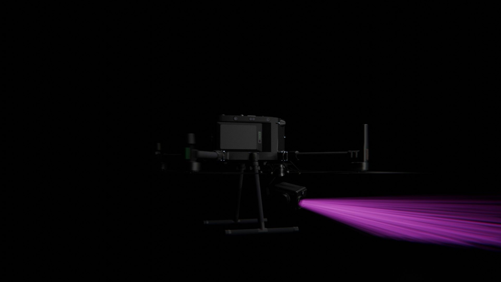 Bild 74 von vielen aus der 360-Grad-Ansicht einer professionellen DJI Enterprise Industrie-Drohne vor schwarzem Hintergrund mit violetter Beleuchtung.