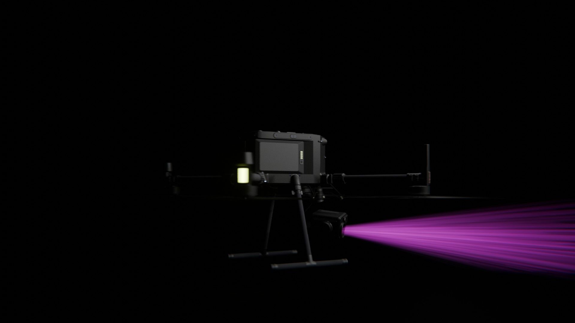 Ein Bild von vielen aus der 360-Grad-Ansicht einer professionellen DJI Enterprise Industrie-Drohne vor schwarzem Hintergrund mit violetter Beleuchtung.