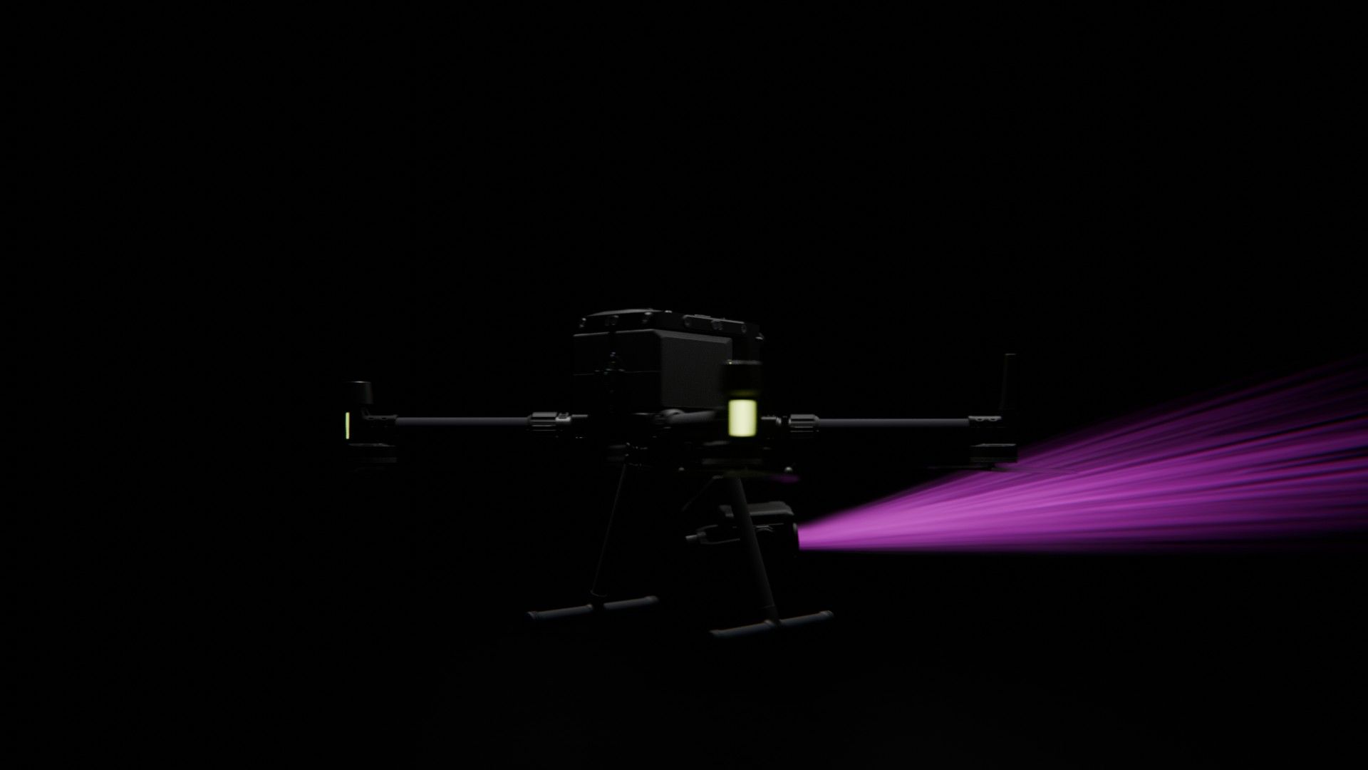 Ein Bild von vielen aus der 360-Grad-Ansicht einer professionellen DJI Enterprise Industrie-Drohne vor schwarzem Hintergrund mit violetter Beleuchtung.