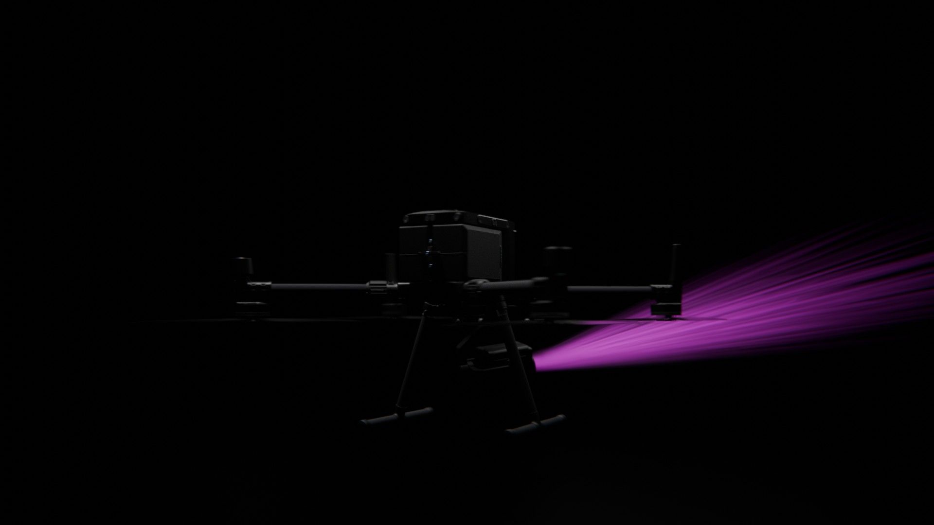 Ein Bild von vielen aus der 360-Grad-Ansicht einer professionellen DJI Enterprise Industrie-Drohne vor schwarzem Hintergrund mit violetter Beleuchtung.