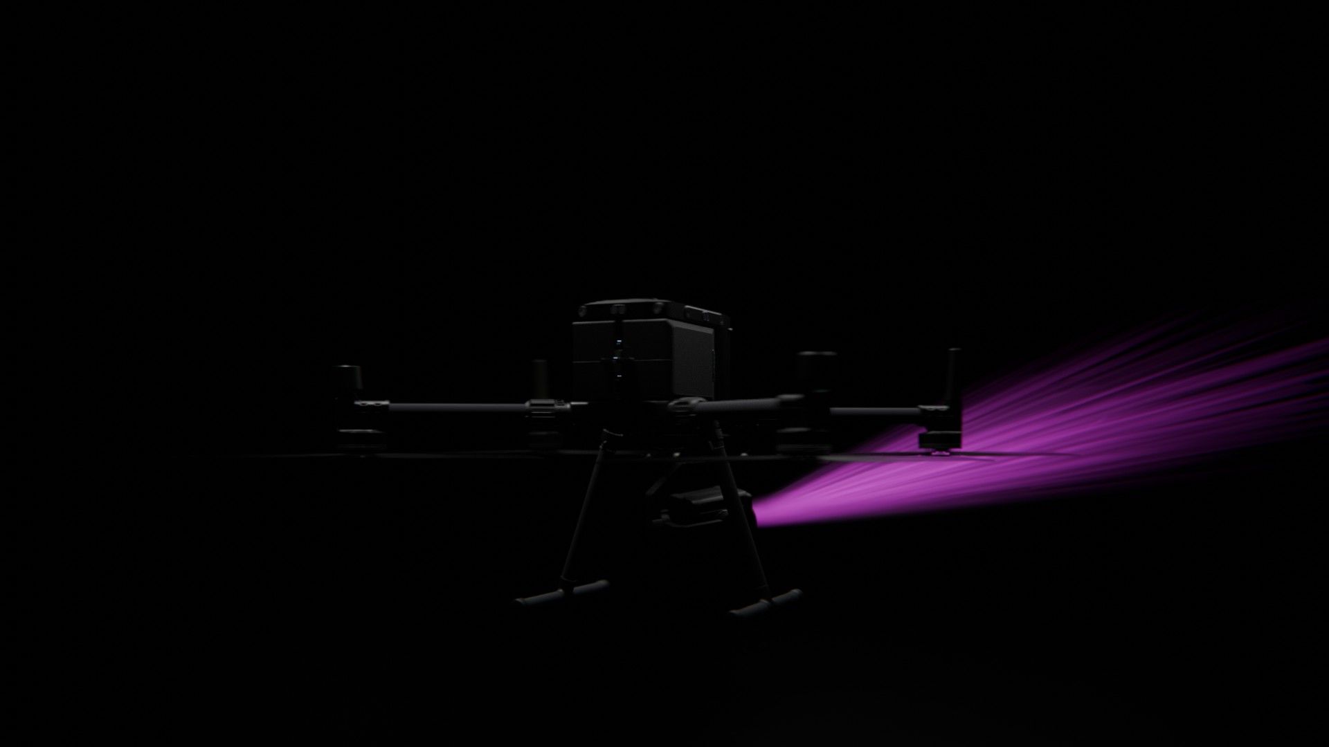 Ein Bild von vielen aus der 360-Grad-Ansicht einer professionellen DJI Enterprise Industrie-Drohne vor schwarzem Hintergrund mit violetter Beleuchtung.