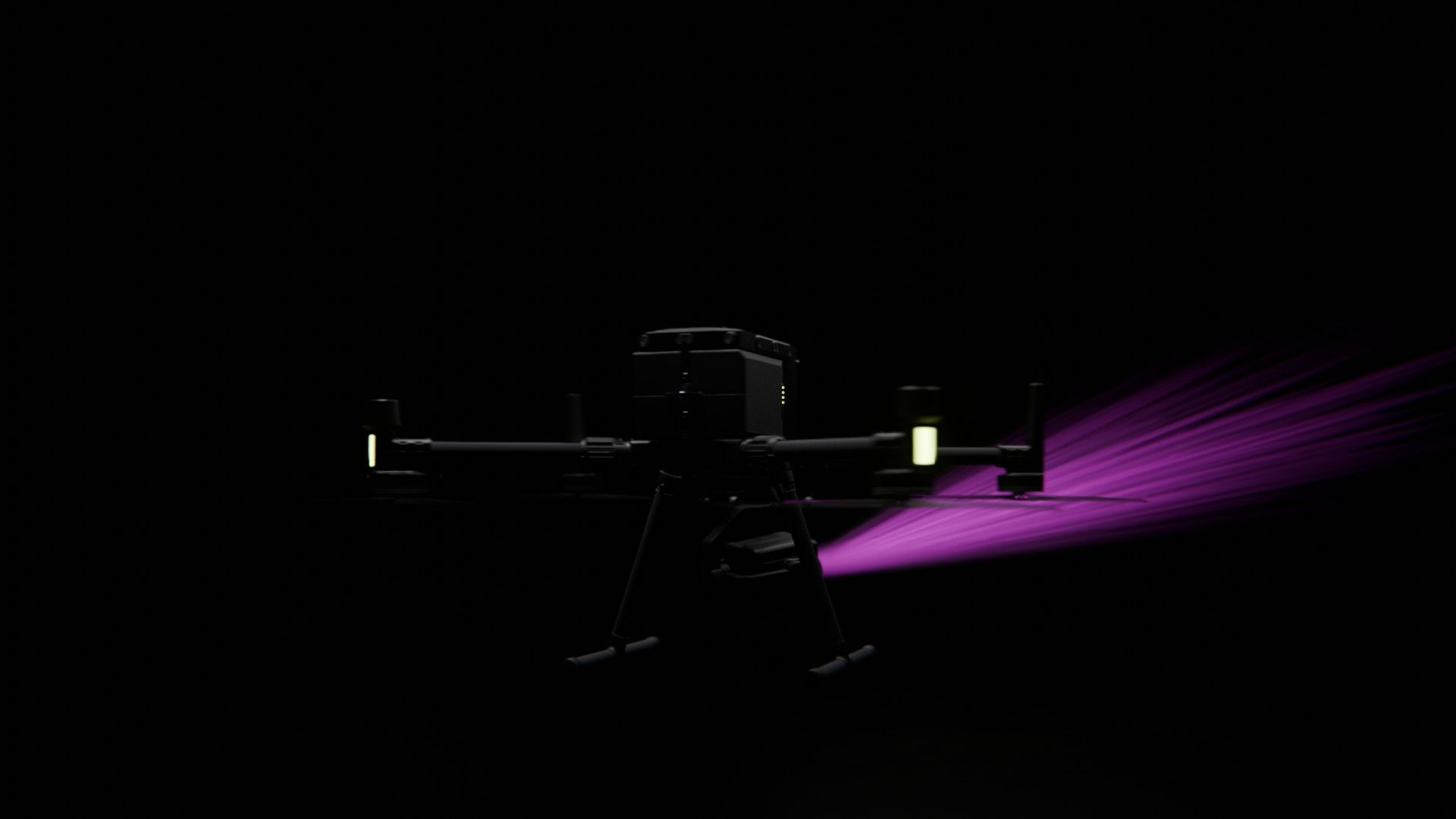 Ein Bild von vielen aus der 360-Grad-Ansicht einer professionellen DJI Enterprise Industrie-Drohne vor schwarzem Hintergrund mit violetter Beleuchtung.