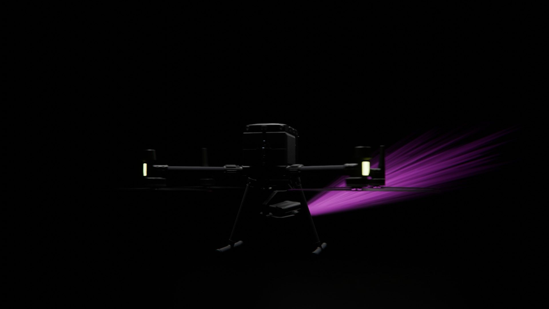 Ein Bild von vielen aus der 360-Grad-Ansicht einer professionellen DJI Enterprise Industrie-Drohne vor schwarzem Hintergrund mit violetter Beleuchtung.