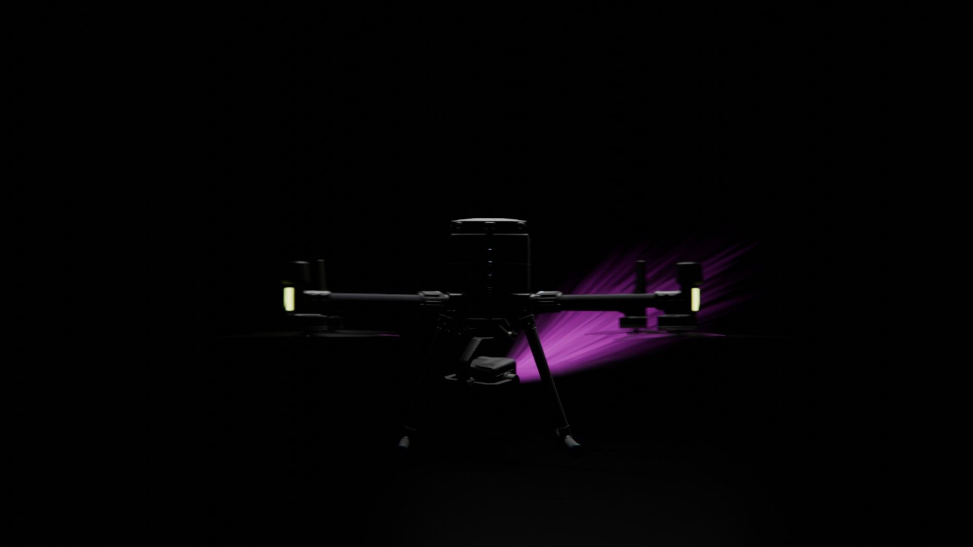 Ein Bild von vielen aus der 360-Grad-Ansicht einer professionellen DJI Enterprise Industrie-Drohne vor schwarzem Hintergrund mit violetter Beleuchtung.