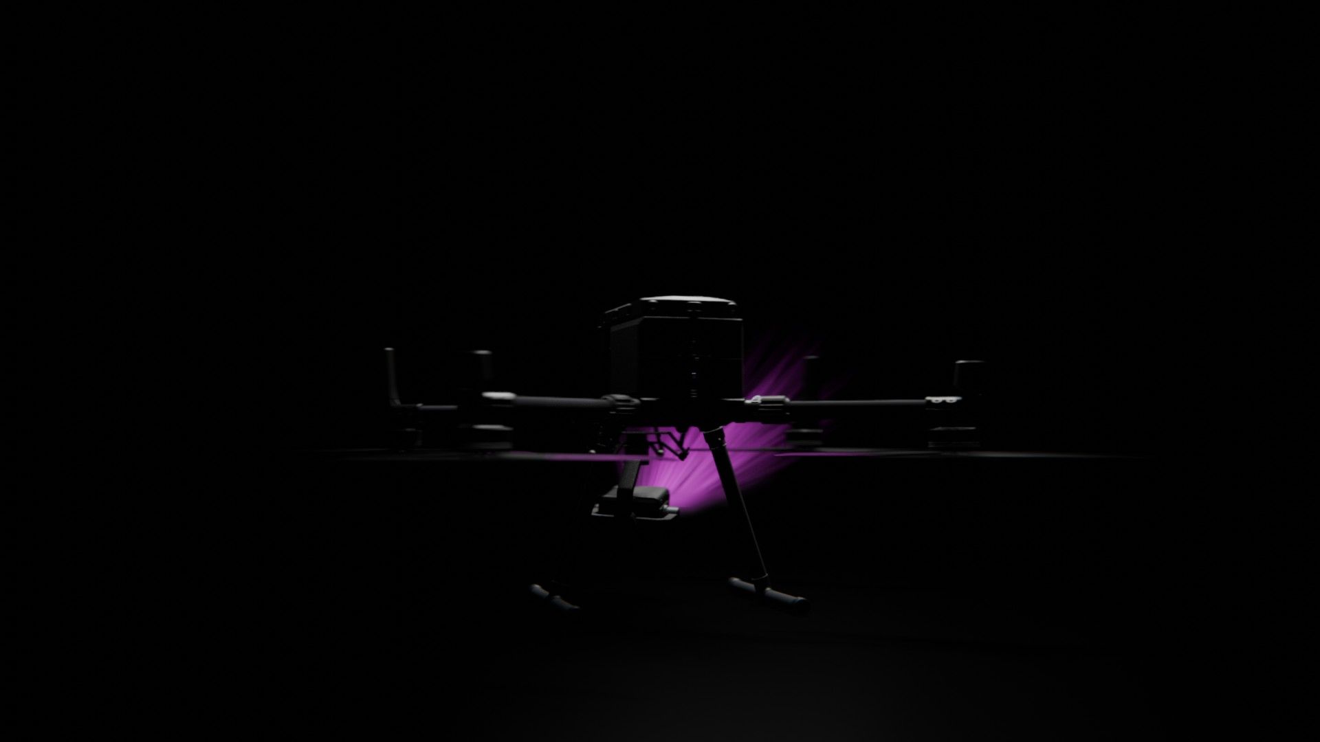 Ein Bild von vielen aus der 360-Grad-Ansicht einer professionellen DJI Enterprise Industrie-Drohne vor schwarzem Hintergrund mit violetter Beleuchtung.
