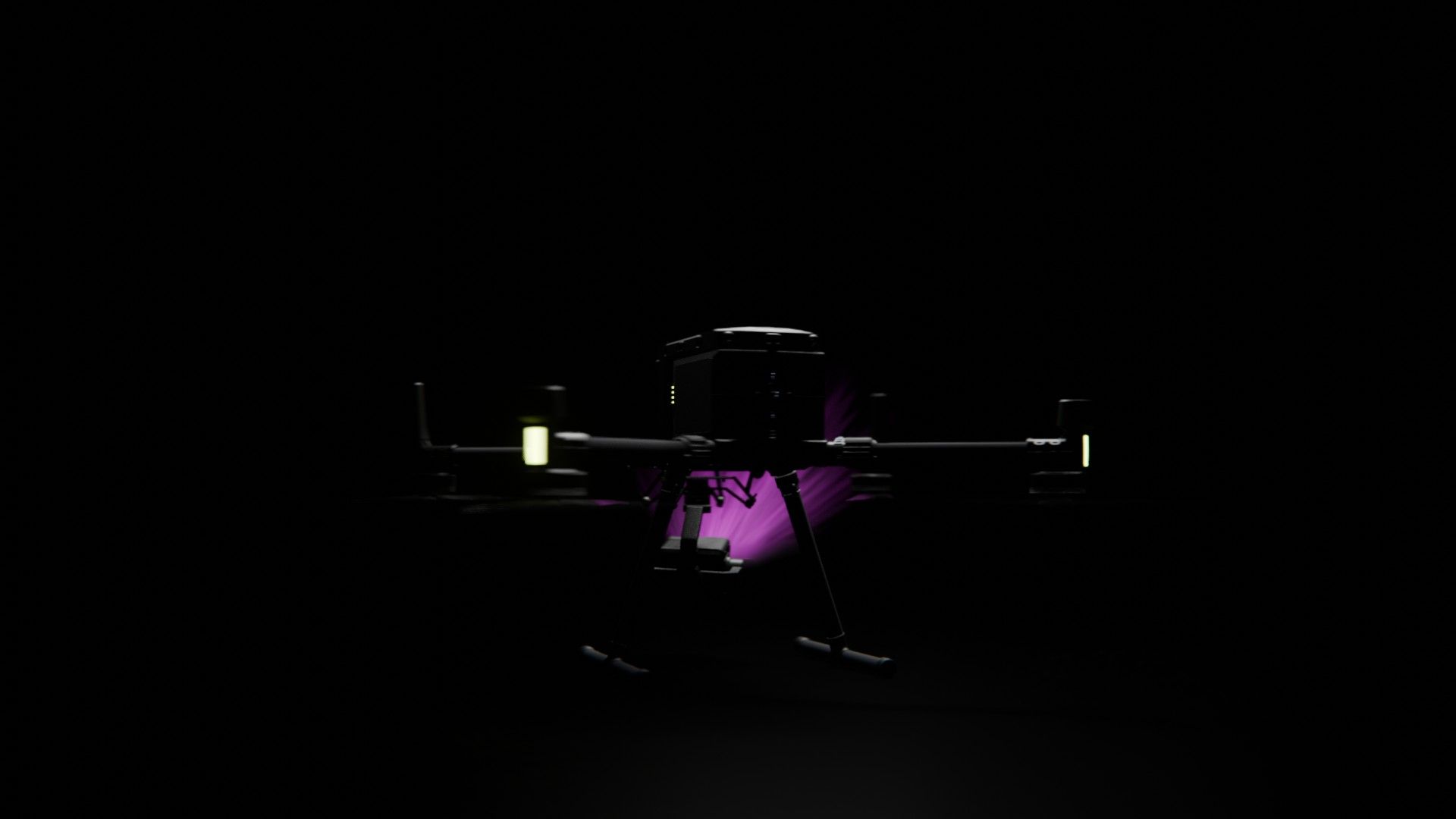 Ein Bild von vielen aus der 360-Grad-Ansicht einer professionellen DJI Enterprise Industrie-Drohne vor schwarzem Hintergrund mit violetter Beleuchtung.