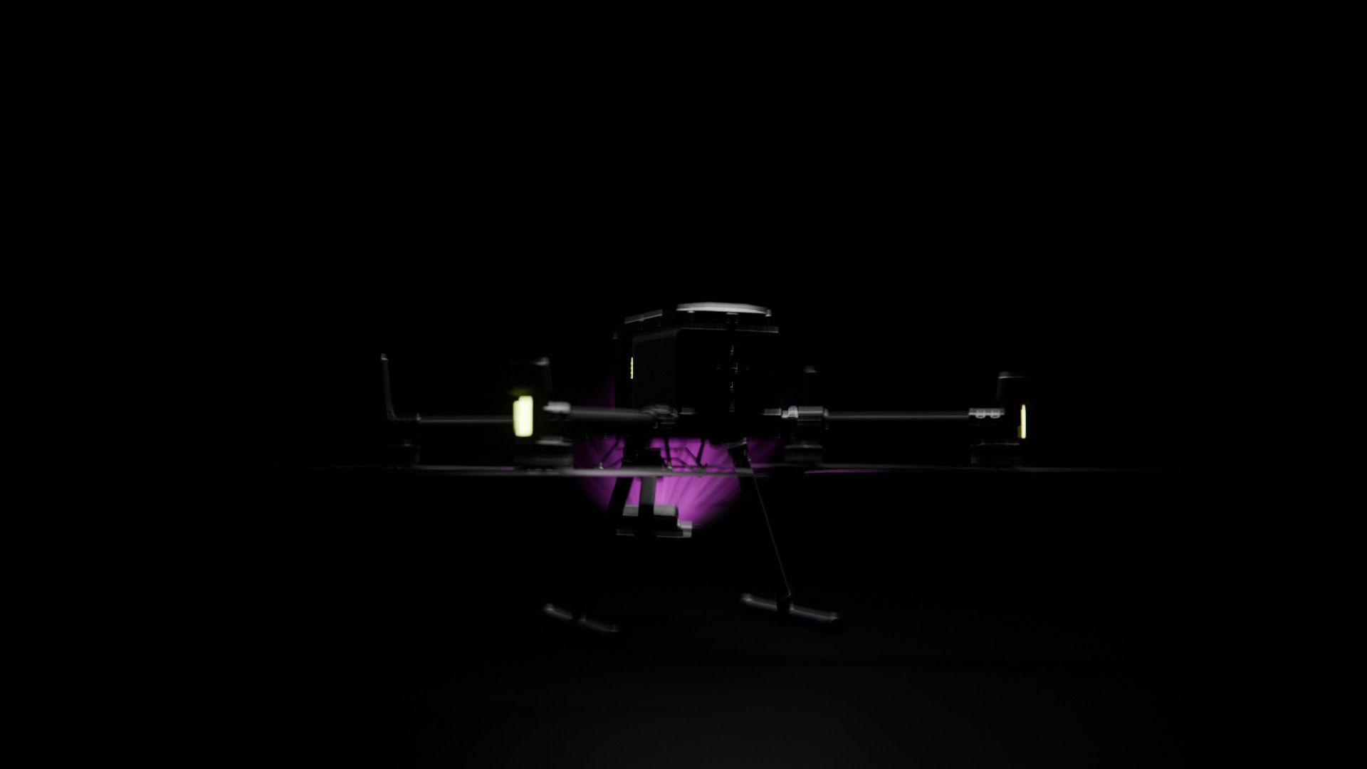 Ein Bild von vielen aus der 360-Grad-Ansicht einer professionellen DJI Enterprise Industrie-Drohne vor schwarzem Hintergrund mit violetter Beleuchtung.